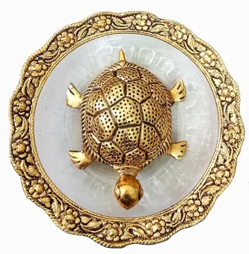 Golden Tortoise with Decorative Plate – Vastu & Feng Shui Symbol for Prosperity